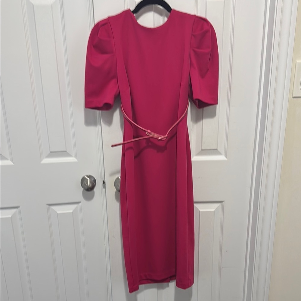 Karl Lagerfeld Red Sheath Midi Dress with Puff Sleeves